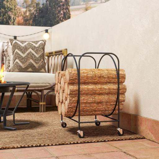 Leñero Exterior Metálico de Chimenea Soporte para Leña con Ruedas para Interior y Exterior 51x30x60 cm Negro [1]