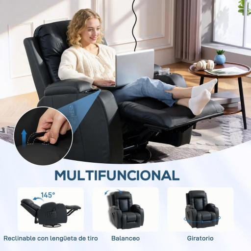 Sillón de Masaje Giratorio Sillón Relax Reclinable con 8 Puntos de Masaje Función de Calefacción 82x99x103 cm Negro [3]