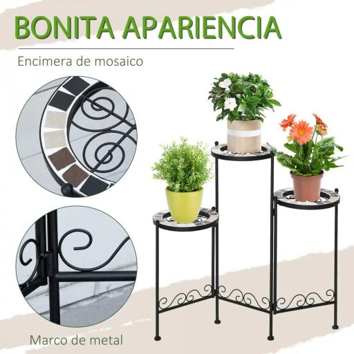 Soporte para Plantas de Metal Mecetas Plegable Estantería para Flores con 3 Estantes y Bordes de Azulejo para Decoración Interiores y Exteriores 60x22x65 cm Negro [3]