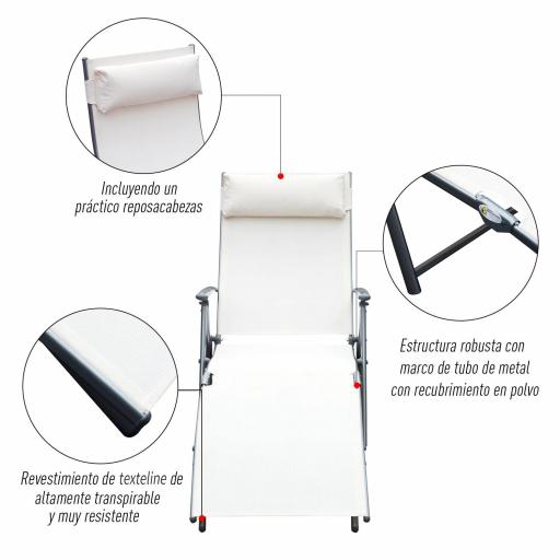 Tumbona de Jardín Plegable con Respaldo Ajustable en 7 Niveles Almohada y Reposabrazos 137x63,5x100,5 cm Beige [3]