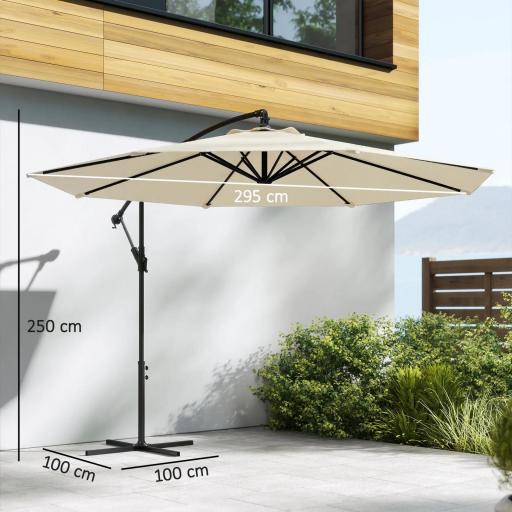 Parasol Excéntrico Ø300 cm con Base Cruzada Toldo Ajustable y Manivela UPF30+ para Terraza Patio Blanco Crema [1]