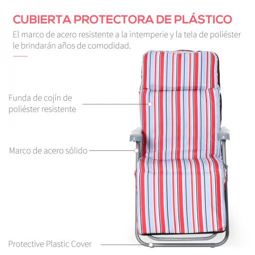  2 Tumbonas de Jardín de Acero con Cojín Acolchado Respaldo Ajustable y Reposapiés 60x75x65-102 cm Rayas Rojo [4]