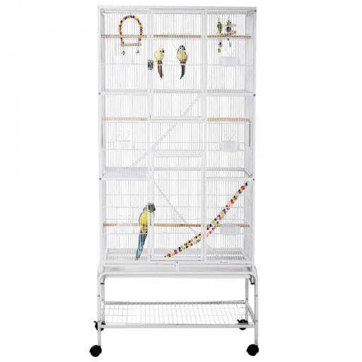 Jaula para Pájaros con Ruedas con Comederos Perchas Columpio Estante y Bandeja Extraíble 83x53x180 cm Blanco [8]