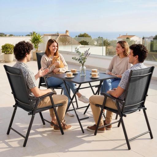 Conjunto de 4 Sillas de Jardín Exterior Plegables con Respaldo Alto y Reposabrazos para Terraza Playa 58x62x97 cm Negro [2]