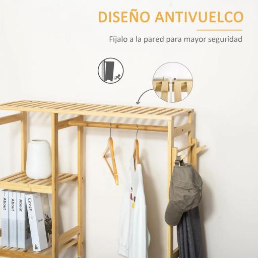 Perchero Burro de Bambú Perchero de Pie con Estantería de 4 Niveles con Barra Estante Inferior y Colgador Lateral para Ropa Bolsas Dormitorio 90x30x155 cm Natural [5]
