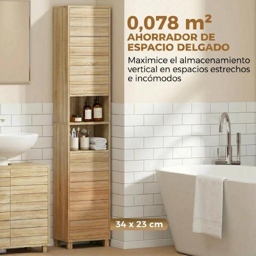Armario Alto para Baño con Estantes Ajustables Puertas de Lamas Apertura por Presión 34x23x170 cm Natural [5]