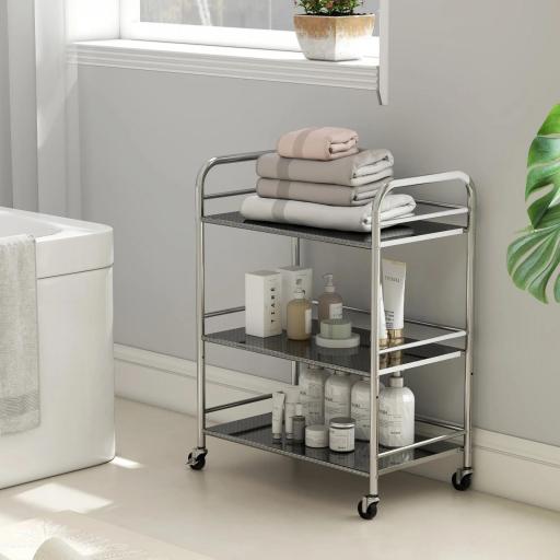 Carrito Auxiliar con Ruedas de Acero Inoxidable Carro de Servicio de 3 Niveles con Estante Ajustable 60x35x77 cm Plata [2]