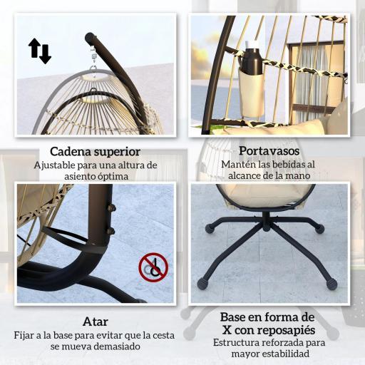 Silla Colgante con Soporte Cesta Plegable Cojín y Reposacabezas para Interior y Exterior Carga 120 kg Caqui [2]