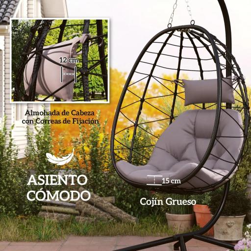 Silla Colgante Huevo con Soporte con Cesta Plegable Cojín y Reposacabezas para Interior y Exterior Carga 120 kg Gris [2]