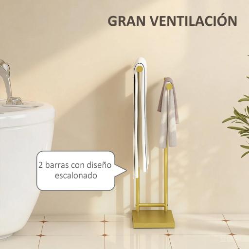 Toallero de Pie con 2 Barras y Marco Metálico Toallero de Baño Moderno en Forma de L 35,5x20x78 cm Dorado [7]