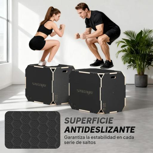Cajón Pliométrico de Madera 3 en 1 con 3 Alturas Diferentes Asas sin Esquinas Entrenamiento de Salto 76x61x51 cm Negro [5]
