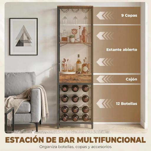 Mueble de Bar para Vinos con Soporte de Copas y Cajón Botellero para 12 Botellas con Estante Abierto Marrón Rústico [2]