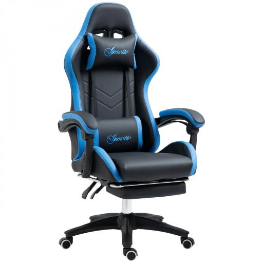 Silla Gaming Silla Gamer de Cuero PU Reclinable 135° Reposacabezas y Reposapiés 65x65x121-129 cm Negro y Azul [8]