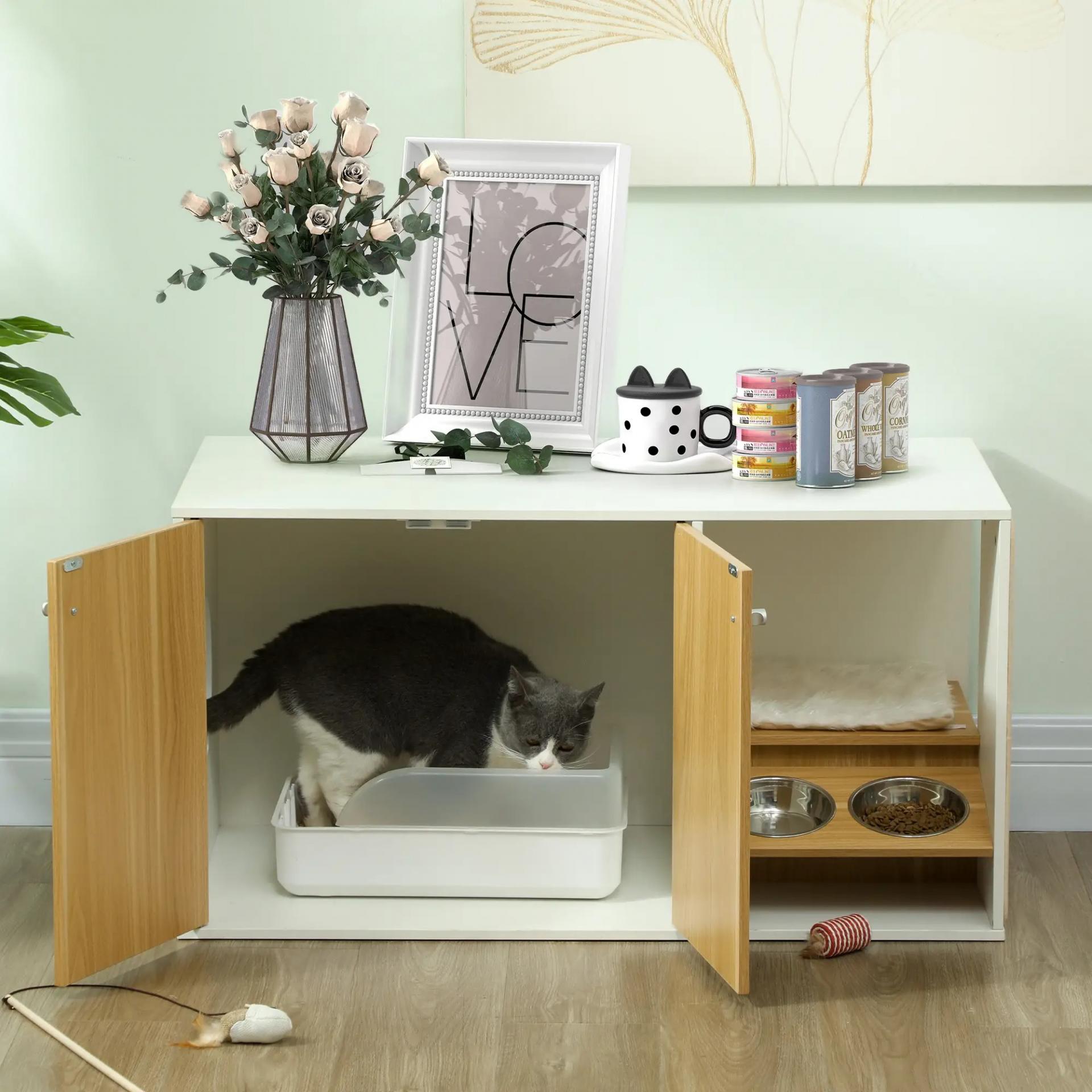 Mueble Arenero para Gatos 3 en 1 con Puertas Cojín Tazones y Estera para Rascar 95x48x50,5 cm Blanco y Roble