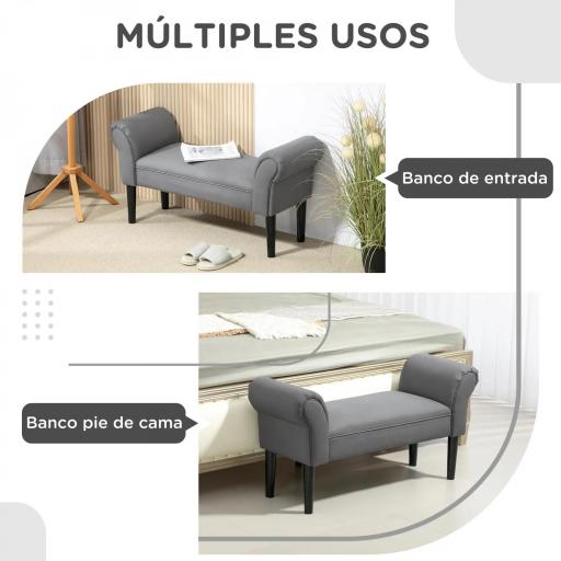 Banco Pie de Cama Tapizado en Lino Sintético con Patas de Madera Reposabrazos y Asiento Acolchado Gris Oscuro [5]