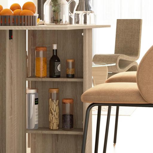 Mesa Plegable con 2 Alas Abatibles de Madera 2 Estantes y Ruedas para Cocina Comedor 75x140x74 cm Madera Natural [6]