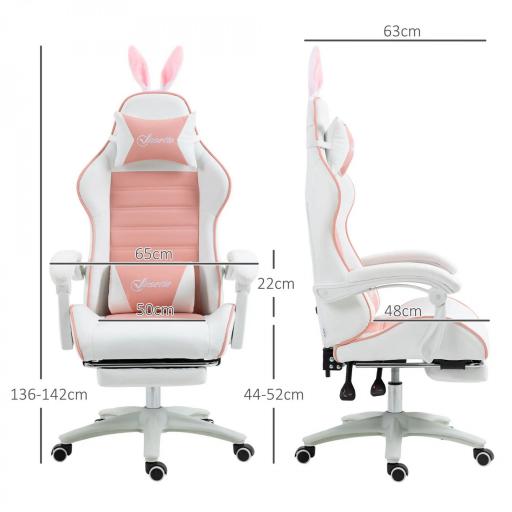 Silla Gaming Profesional de Cuero PU con Altura Ajustable Inclinable 135° Reposacabezas 65x63x136-142 cm Rosa y Blanco [1]