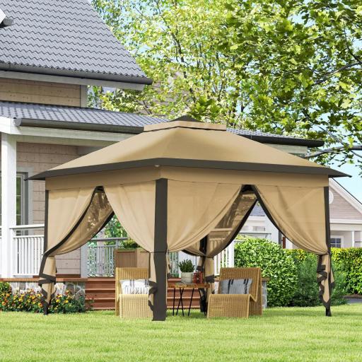 Carpa Plegable 3,3x3,3 m con Altura Ajustable Doble Techo 4 Mosquiteras Extraíbles y Bolsa de Transporte Anti-UV Beige [5]