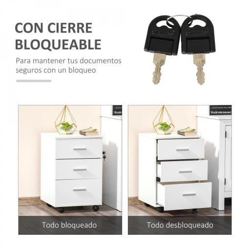 Cajonera Oficina con Cerradura y Ruedas Giratorias 3 Cajones Compacta 40x40x61,5 cm Blanco [4]