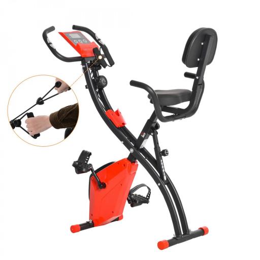 Bicicleta Estática Plegable 3 en 1 con Respaldo y 8 Niveles Resistencia Magnética, Bicicleta Estática para Casa Ajustable con Monitor LCD Volante Banda Sensor de Pulso Soporte de Teléfono Rojo [9]