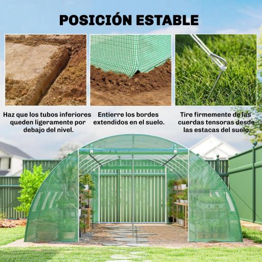 Invernadero de Túnel con 2 Varillas de Soporte 2 Puertas Enrollables y Ventanas de Malla Cubierta de PE Anti-UV Verde [3]
