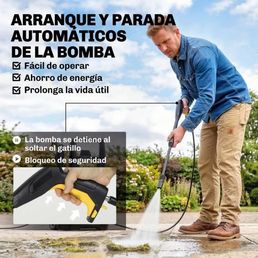 Hidrolimpiadora de Alta Presión 1600W 120 Bar con Bomba Boquilla Ajustable y Parada Automática 29,5x22x60 cm Amarillo [4]