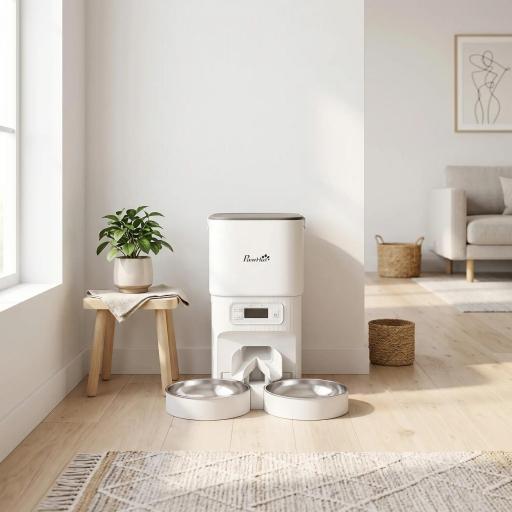 Comedero Gato Automático 4L Dispensador Comida para Gatos/Perros 1-6 Comidas al Día 2 Cuencos 2 Fuentes de Alimentación [2]