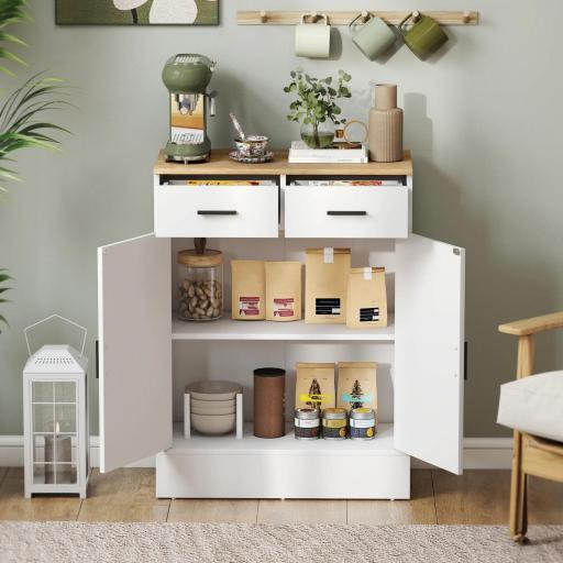 Aparador de Salón con 2 Puertas 2 Cajones y Estantes Ajustables para Cocina Entrada Dormitorio 68,6x35x90,3 cm Blanco [5]