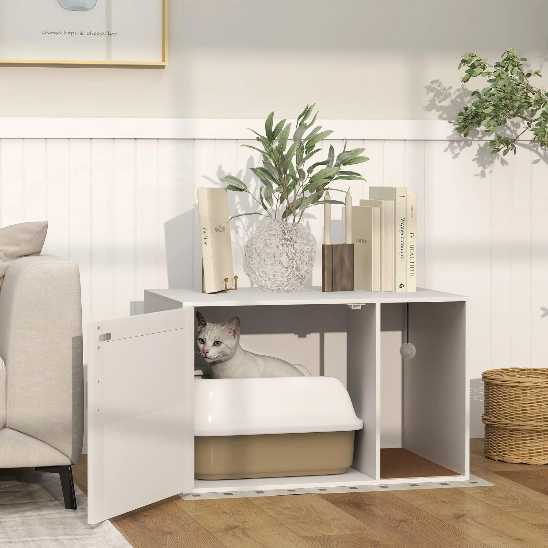 Mueble Arenero para Gatos Arenero para Gatos con Almohadilla para Rascar y Puerta de Ratán 80x50x50 cm Blanco