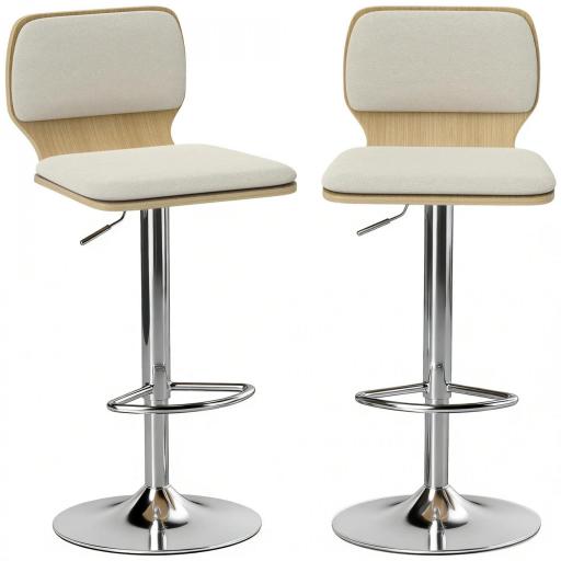 Juego de 2 Taburetes Altos de Cocina Giratorios en 360° Regulables en Altura de 81-102 cm Tapizados en Lino Beige [8]