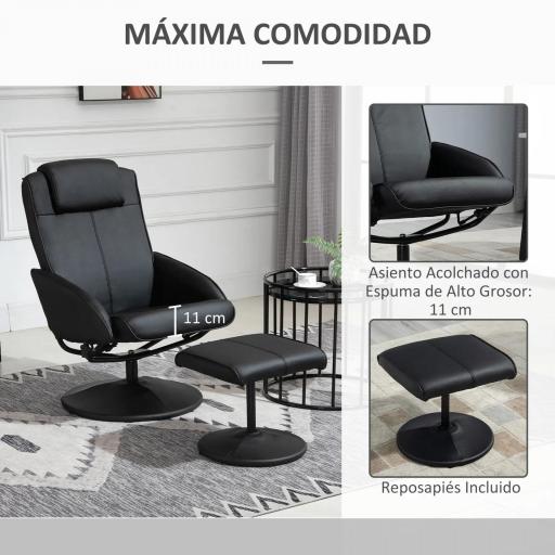 Sillón Reclinable con Reposapiés con Tapizado en PU y Estructura de Acero Carga 120 kg Negro [5]