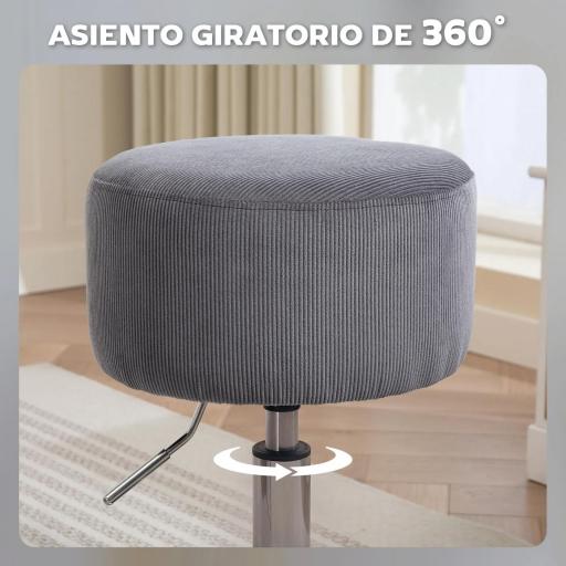 Taburete de Cocina Regulable en Altura 52-66 cm Tapizado en Pana Giratorio en 360° Gris [4]