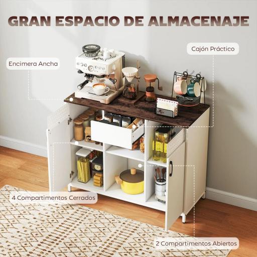 Aparador para Salón con 2 Puertas con Orificios Cajón Compartimentos Abiertos Estantes Ajustables 100x40x80 cm Blanco [4]