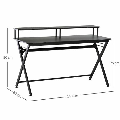 Mesa Gaming 140x60 cm Escritorio para Computadora PC con Estante Elevado para Monitor Gancho para Auriculares Negro [1]