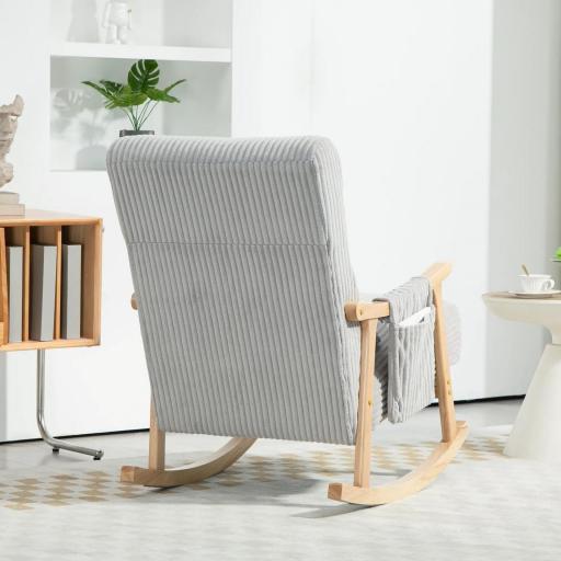 Silla Mecedora de Pana con Patas y Reposabrazos de Madera de Caucho Cojín Lumbar y Bolsillo Carga 120 kg Gris [2]