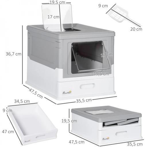 Arenero Cubierto para Gatos Desmontable con Entrada Frontal y Salida Superior con Pala 47,5x35,5x36,7 cm Gris y Blanco [1]