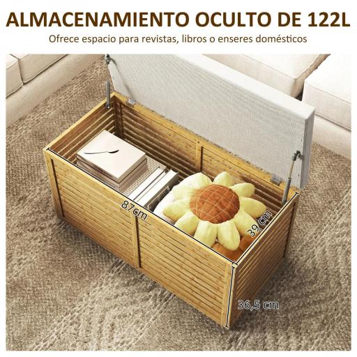 Baúl de Almacenaje 122L Tapizado en Lino Sintético con Cojín Marco de Bambú 90x42x43 cm Gris y Natural [2]