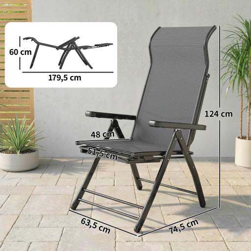 Pack de 2 Sillas Plegables Reclinables de Jardín Exterior con Respaldo Alto Ajustable en 5 Posiciones Reposapiés Gris [1]