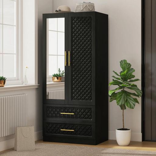 Armario Ropero con Espejo 2 Puertas y 2 Cajones Relieve de Diamante Barra para Colgar 80x50x180 cm Negro