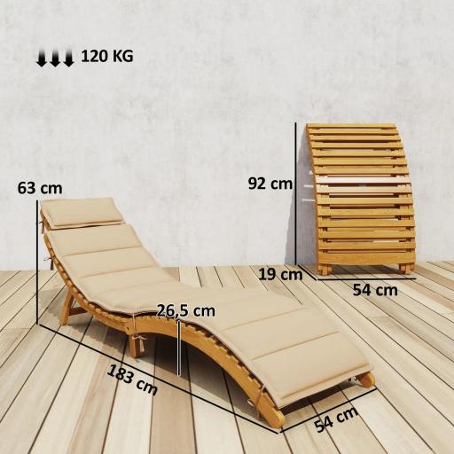 Tumbona Plegable de Madera de Acacia con Cojín Reposacabezas Asa de Transporte para Jardín Terraza 183x54x63 cm Beige [1]