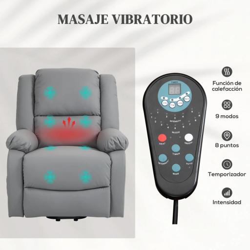 Sillón Levanta Personas Eléctrico con 8 Punto de Masaje Función de Calentamiento 2 Controles Remotos y Bolsillo Gris [3]