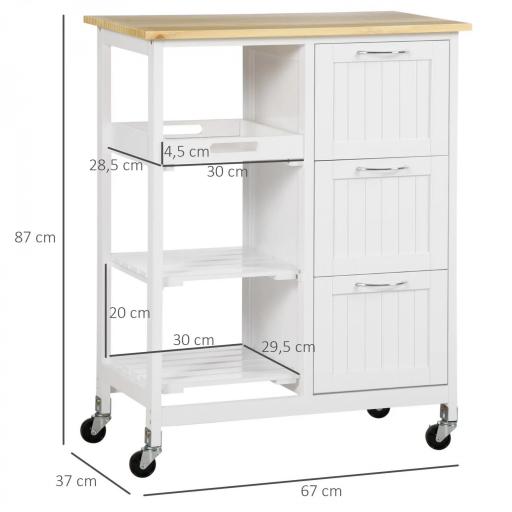 Carro de Cocina con Ruedas Carrito de Servicio con Cajones Estantes y Bandeja Extraíble 67x37x87 cm Blanco [1]