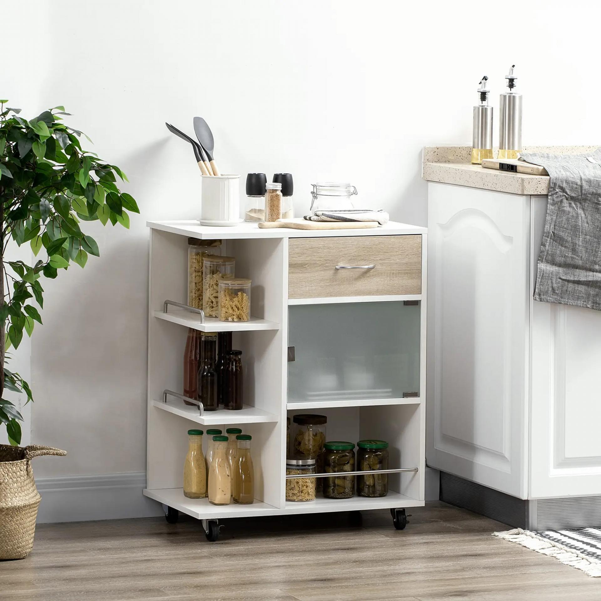 Carrito de Cocina Verdulero con 1 Cajón Puerta de Vidrio y Estantes Carro Auxiliar con Ruedas 65x39x80 cm Natural