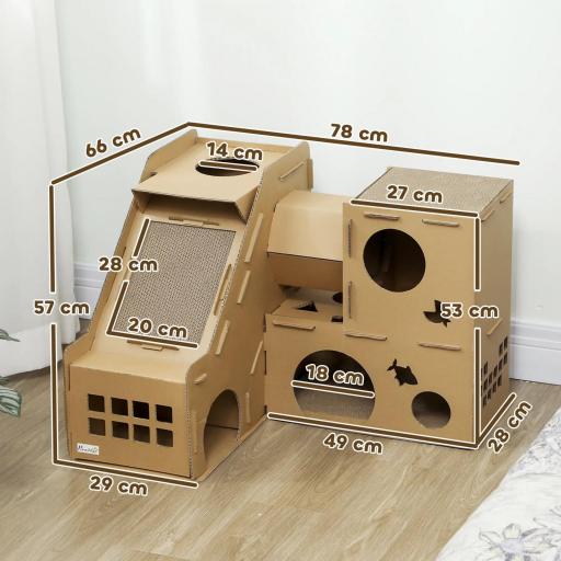 Casa para Gatos de Cartón Forma Castillo 2 Niveles con 3 Zonas de Rascado Túnel Rampa Incluye Hierba Marrón [1]