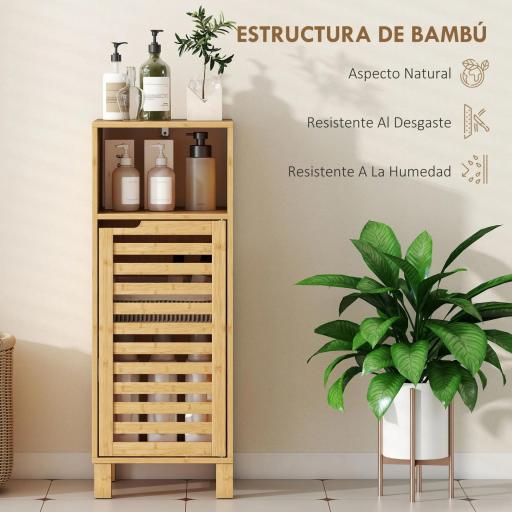 Mueble Auxiliar de Baño Estrecho con Puerta de Lamas Balda Abierto Estante Ajustable 30x30x80 cm Natural [7]