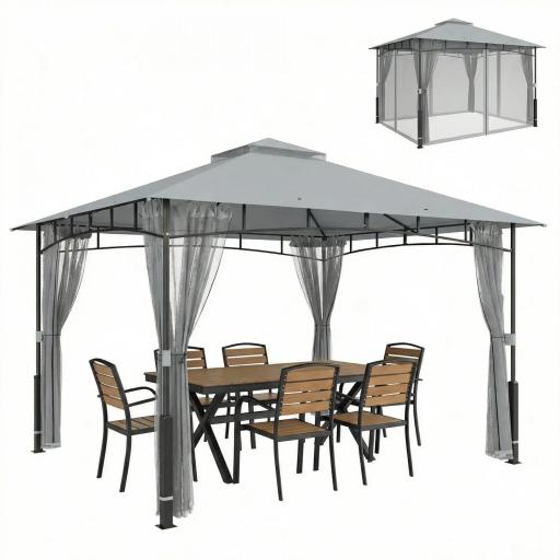 Carpa para Jardín con Techo Doble Cenador con Paredes de Malla UPF50+ para Exterior Terraza 360x300x275 cm Gris [8]