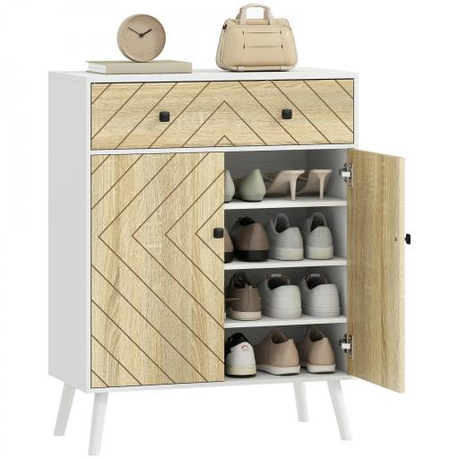 Zapatero Entrada Recibidor con 2 Puertas Estantes Ajustables Cajón para 12 Pares de Zapatos 75x35x97 cm Blanco y Natural [9]