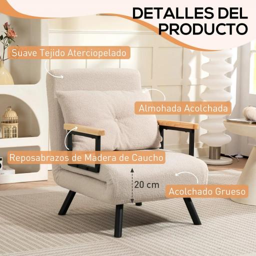 Sofá Cama Individual Plegable Sofá Cama Convertible 4 en 1 Respaldo Ajustable de 5 Niveles y Almohada 63x73x81 cm Beige [4]
