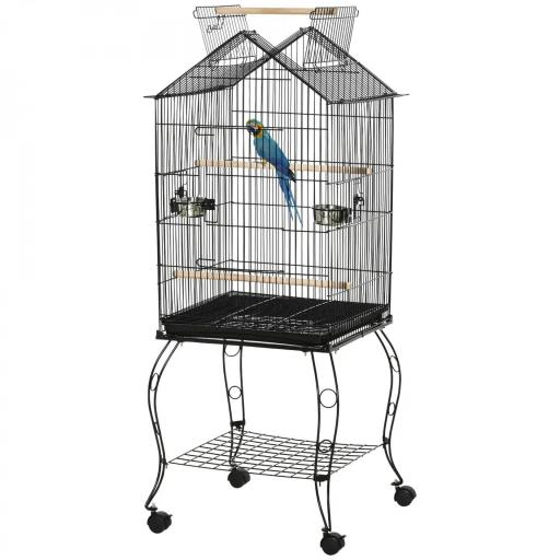 Jaula de Pájaros con Soporte Ruedas Bandeja Extraíble y Comederos para Canarios Periquitos 50x58x137-145 cm Negro [10]