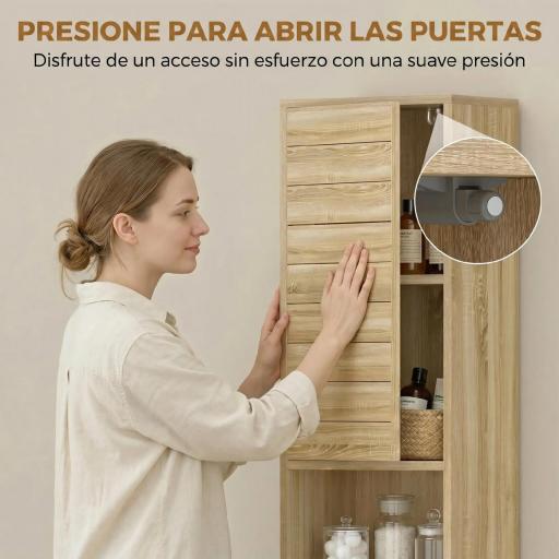 Armario Alto para Baño con Estantes Ajustables Puertas de Lamas Apertura por Presión 34x23x170 cm Natural [6]